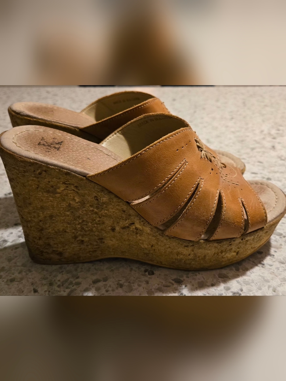 Women's Tan Wedge Slide Sandals with Cutout Detail